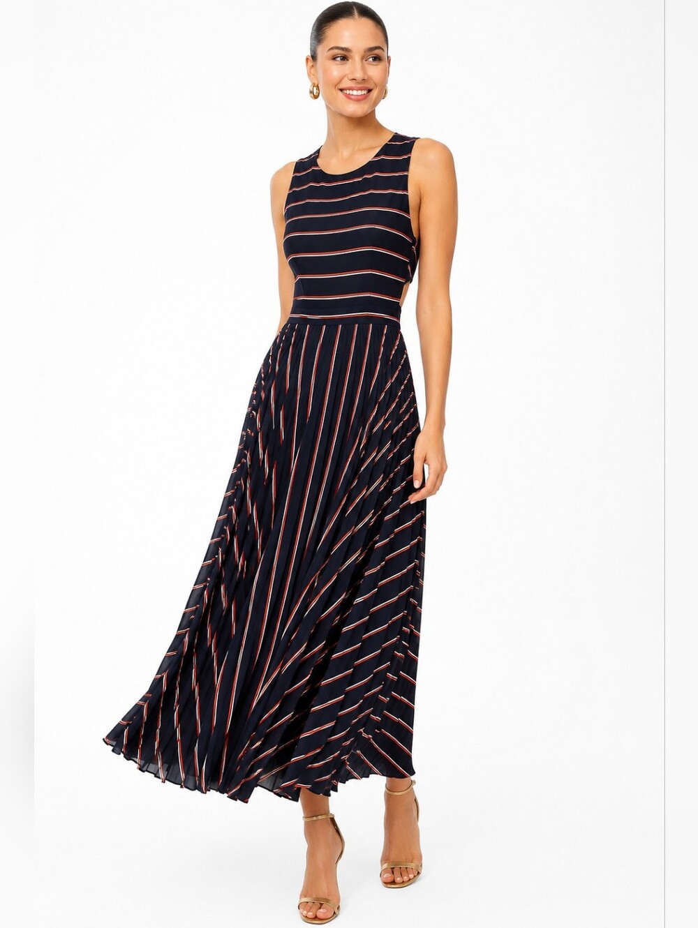 A.L.C. Open Back Pleated Maxi Dress Tie Waist Navy Stripe Sleeveless Sz 10